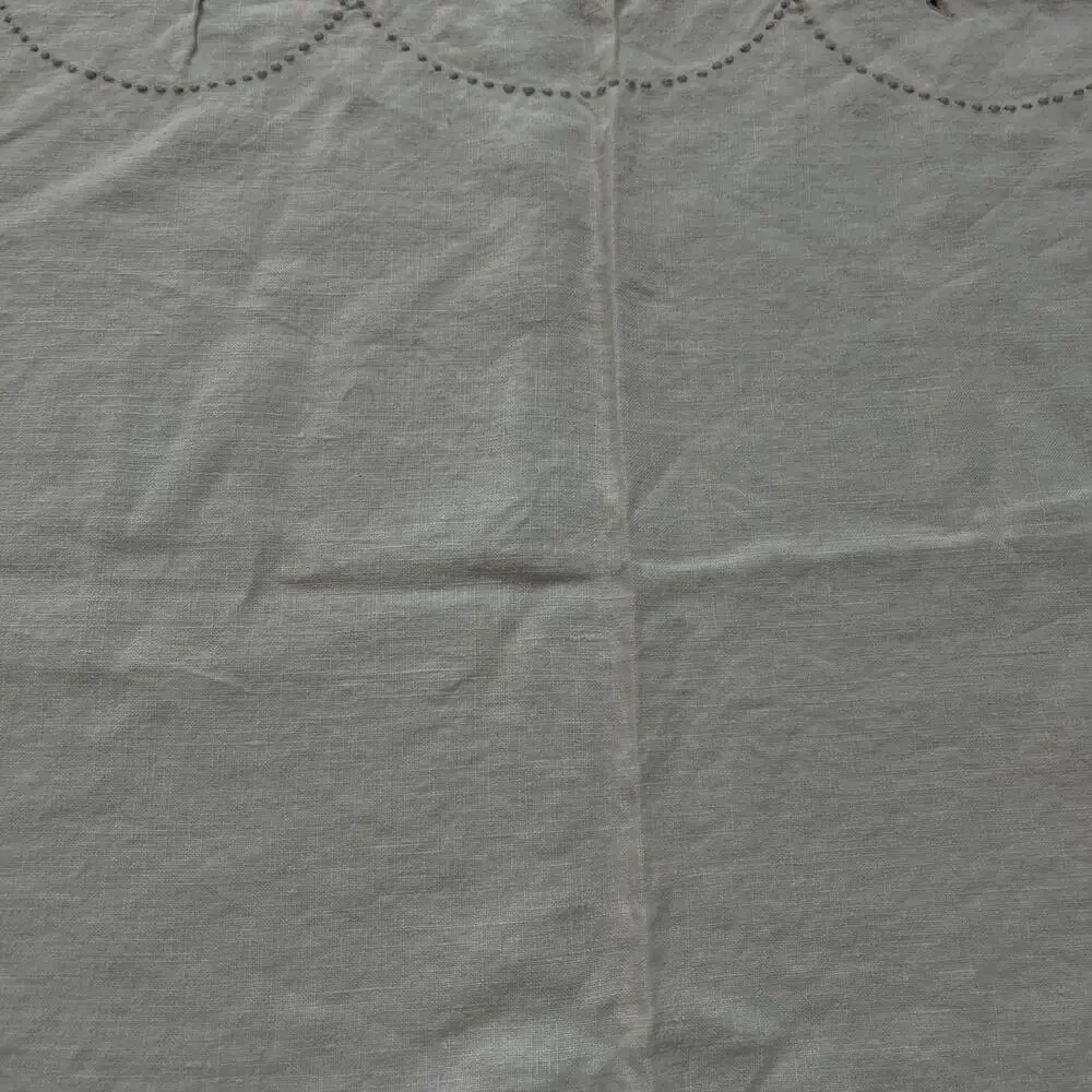 Vintage Floral Embroidery Tan Linen Tablecloth Scalloped Edges 73 x 54